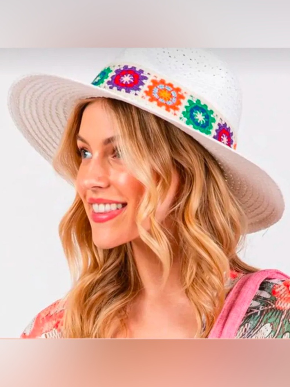 White Crochet Band Straw Sun Hat with Multicolor Embroidery